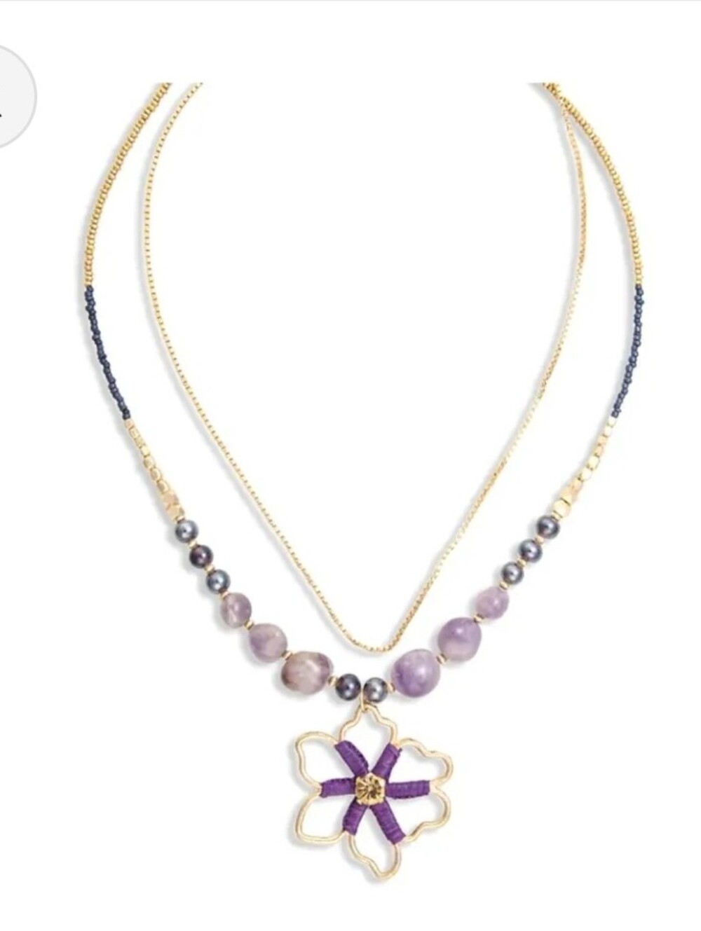 Purple Agate Beaded Necklace with Gold Flower Pendant.